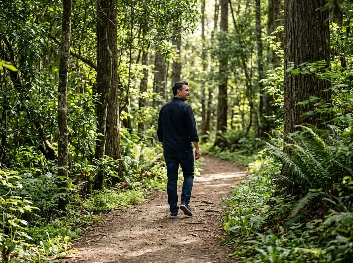 Matt Winkley walking along a forest trail surrounded by tall trees and lush greenery.