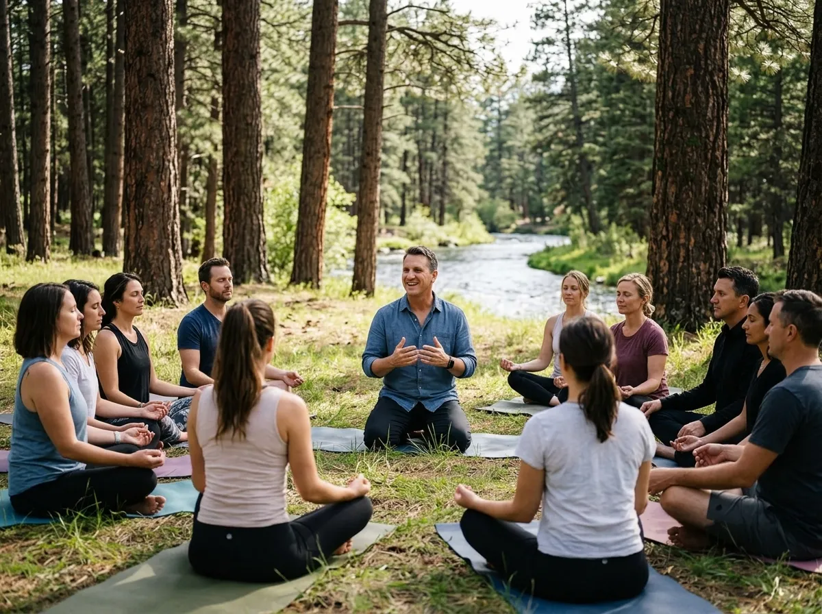 Matt Winkley leading a group meditation session outdoors beside a forest river.