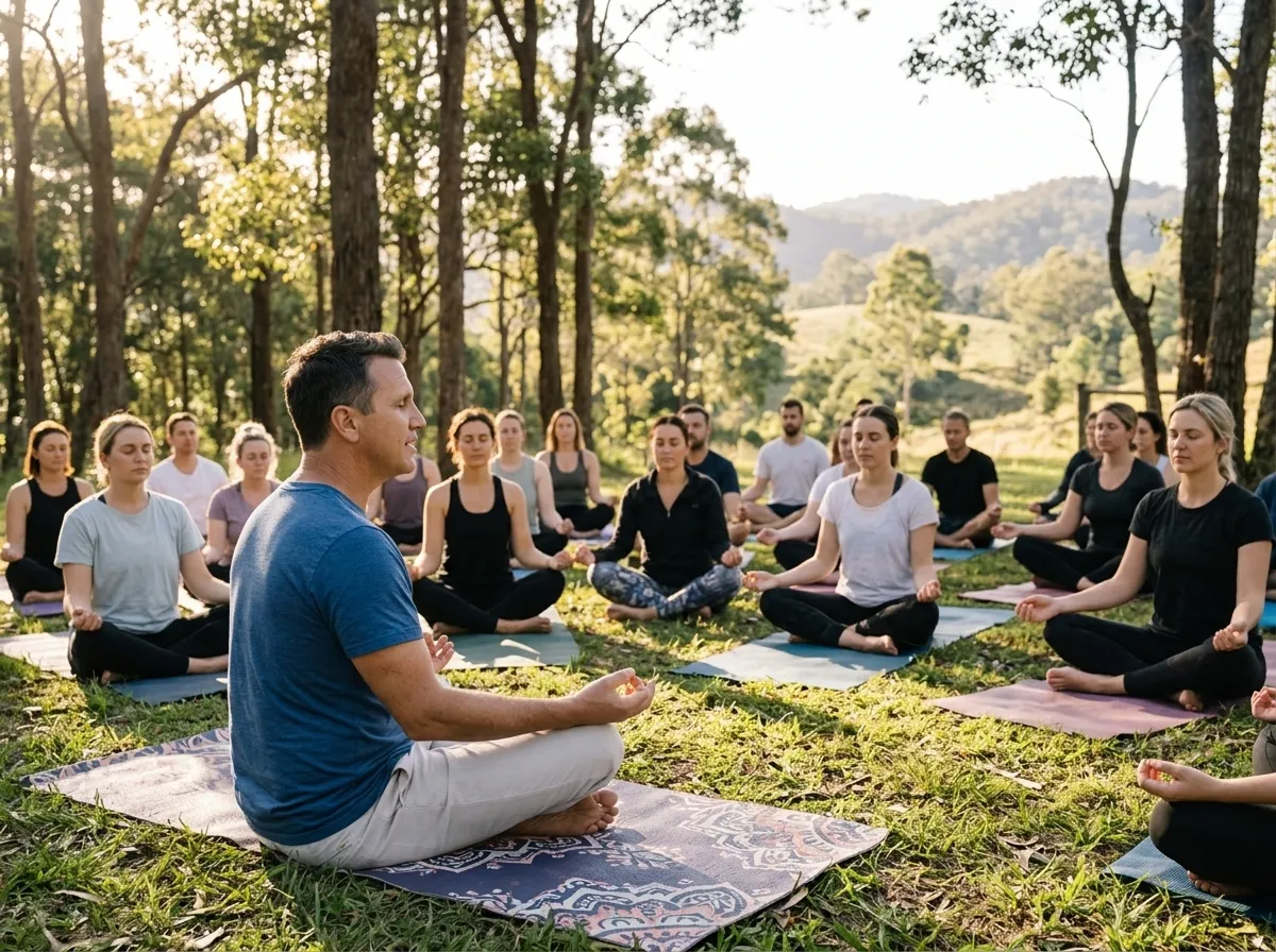 Matt Winkley leads an outdoor meditation session with a group seated on yoga mats in a forest clearing.