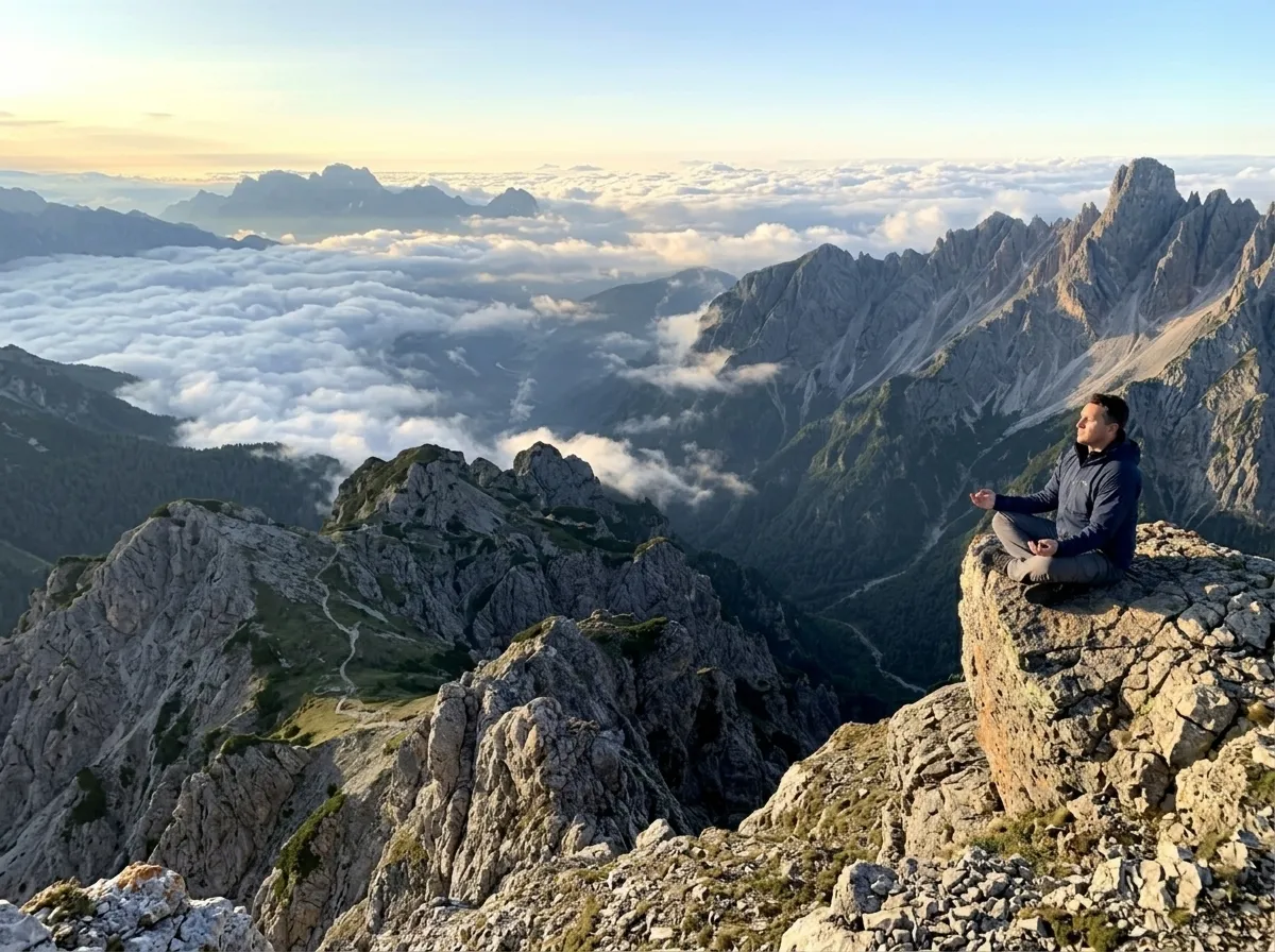 Matt Winkley meditates on a rocky mountain cliff overlooking a dramatic alpine landscape above the clouds.