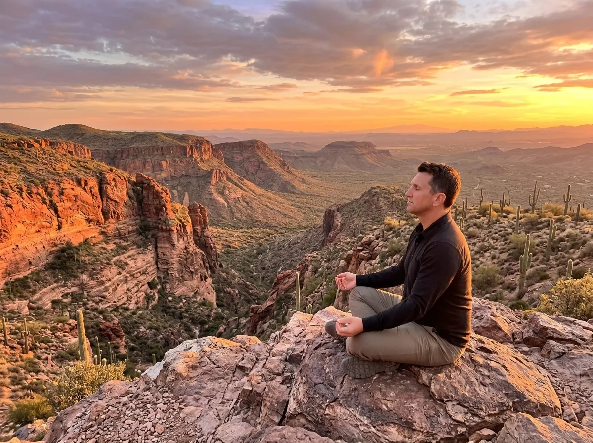 Matt Winkley meditating on a red rock overlook in a desert canyon landscape at sunset.