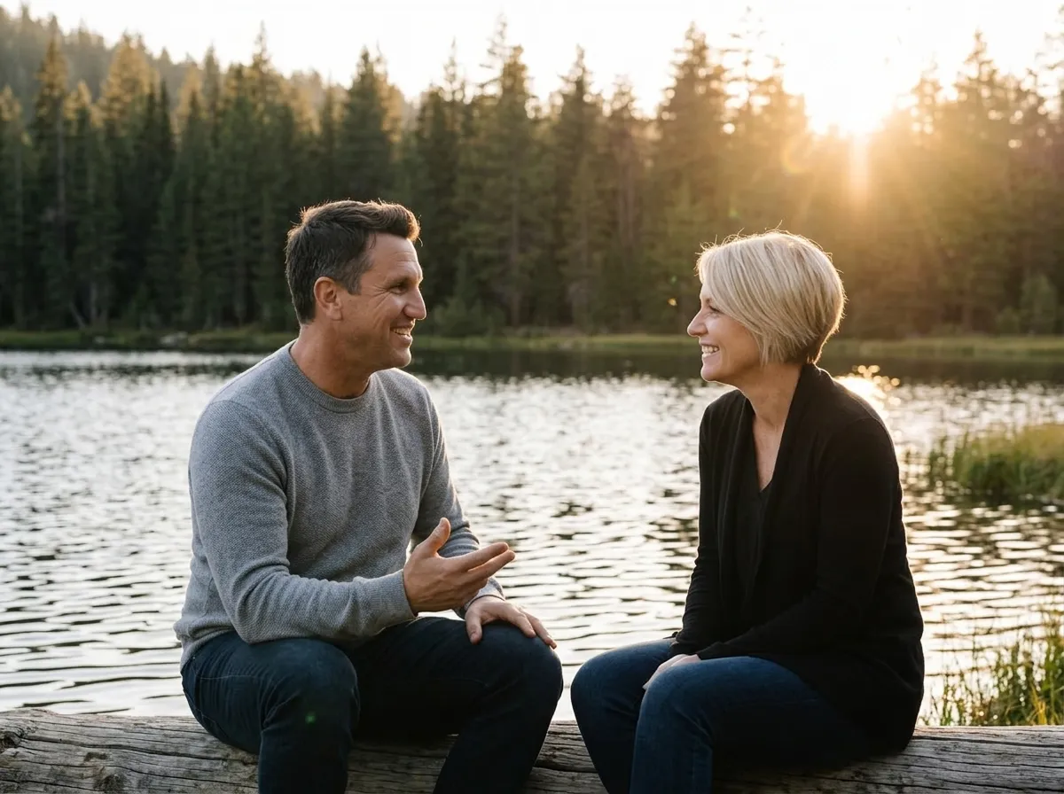 Matt Winkley smiles while talking with a woman beside a lake at sunset surrounded by pine trees.