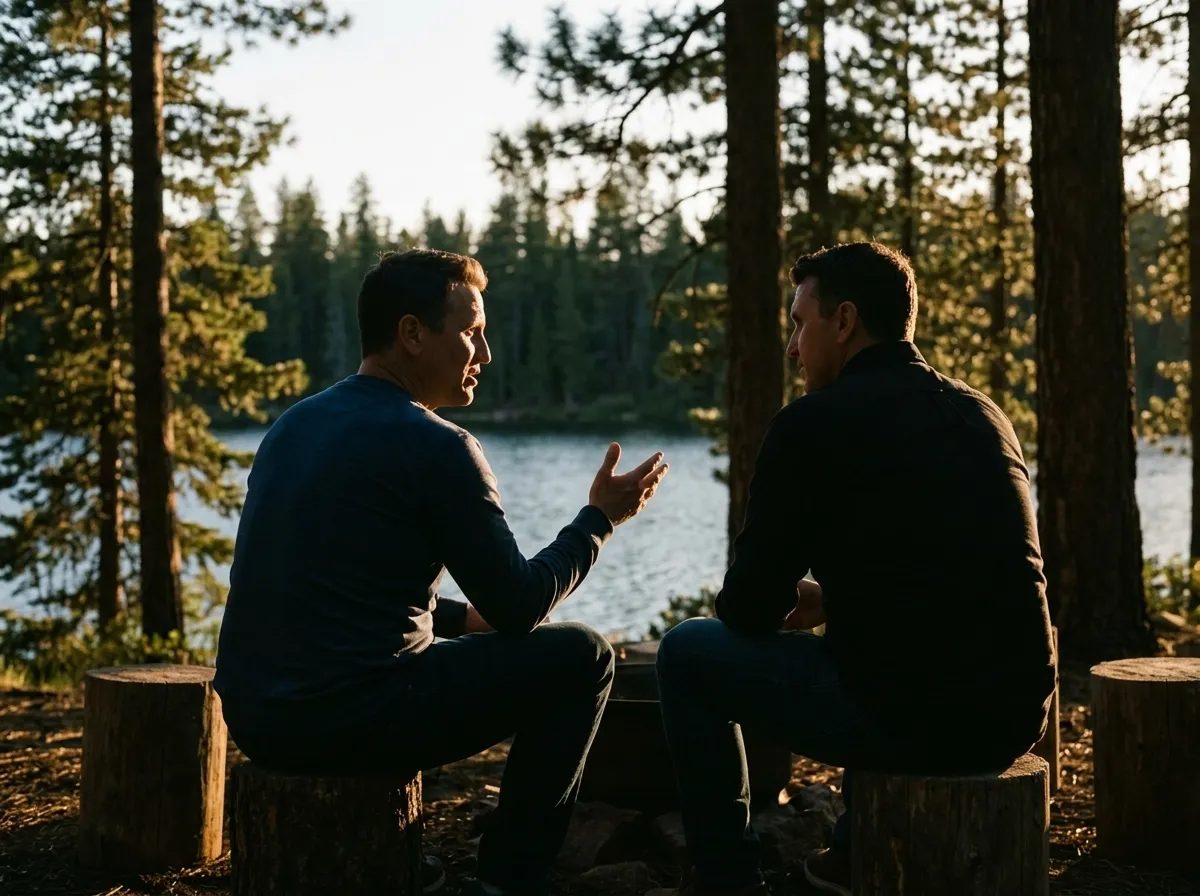 Matt Winkley talks with another man beside a forest lake at sunset.