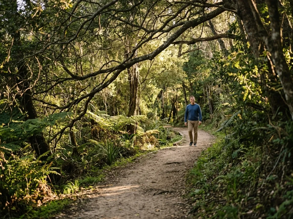 Matt Winkley walking along a forest trail surrounded by dense green trees and ferns.
