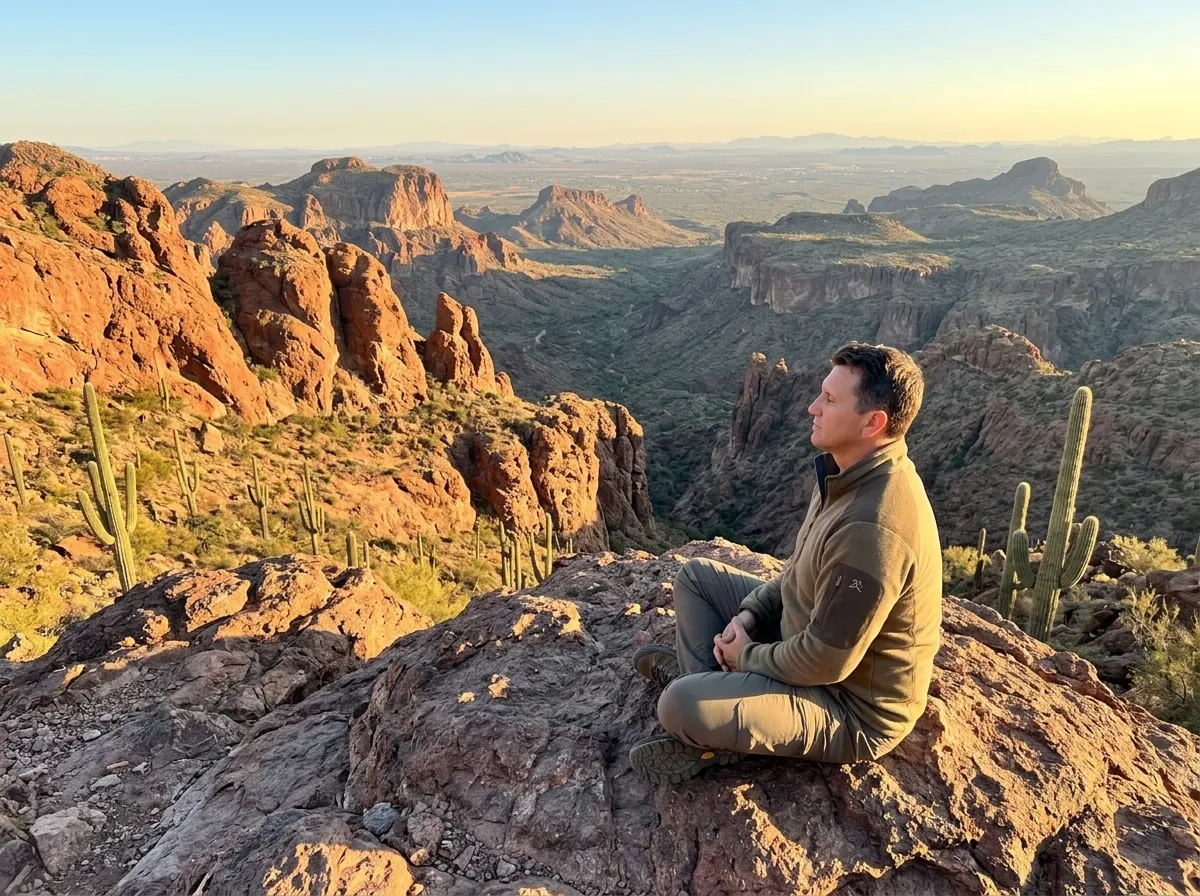 Matt Winkley sitting on a rocky overlook, gazing across a sunlit desert canyon with towering cliffs and cacti.