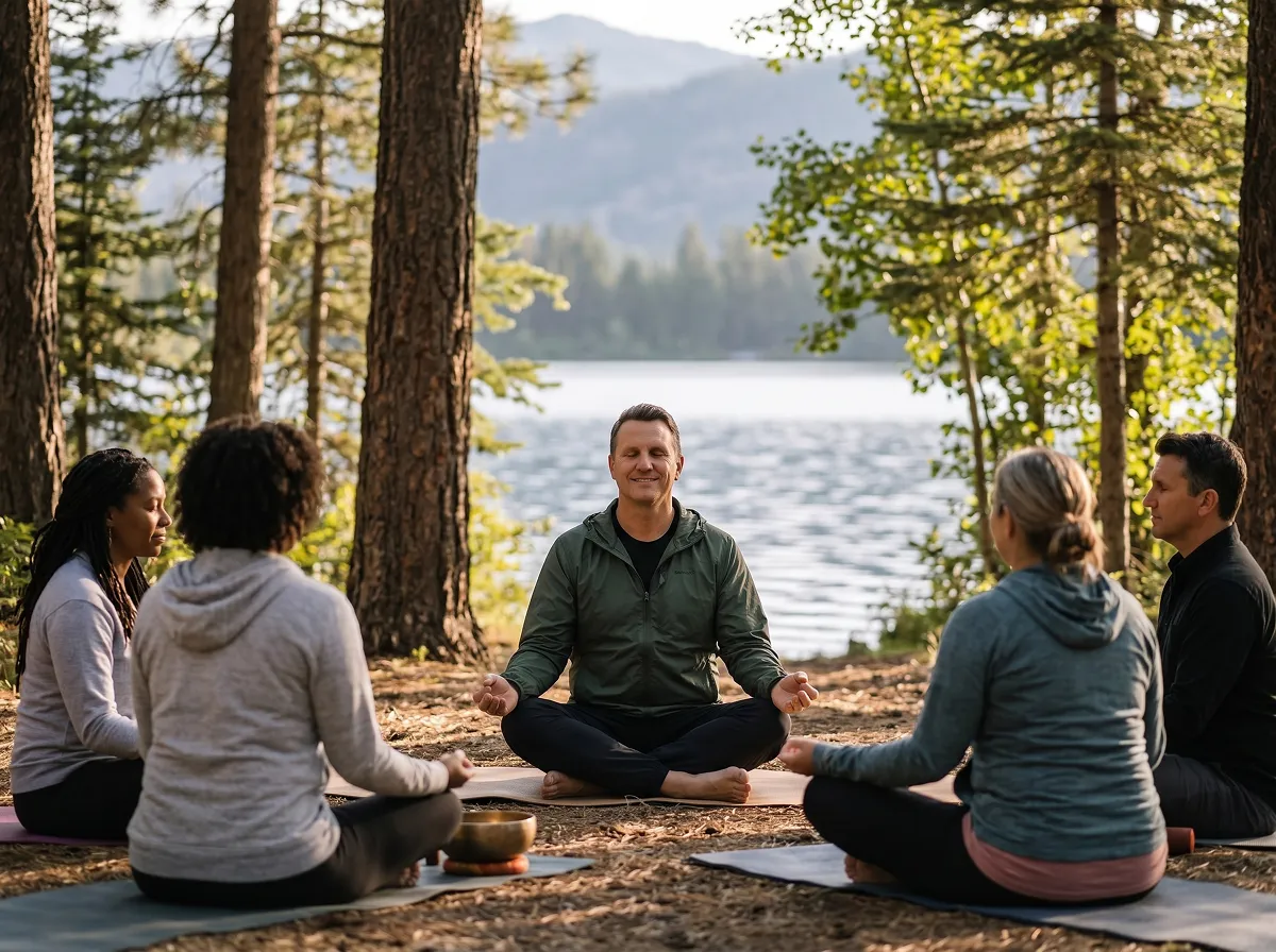 Matt Winkley leading a small meditation group seated outdoors by a forest lake.