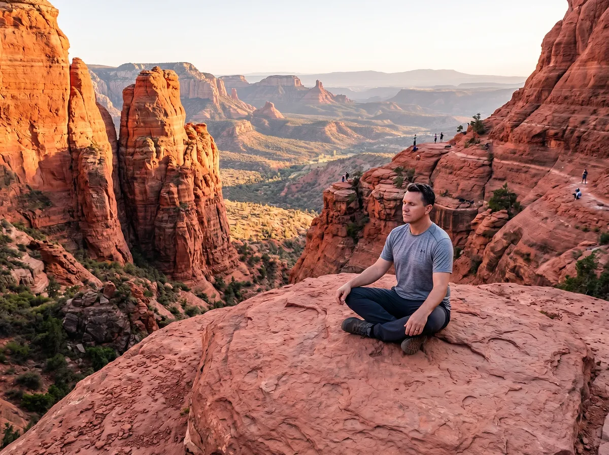 Matt Winkley meditating on a red rock overlook in a desert canyon landscape at sunset.