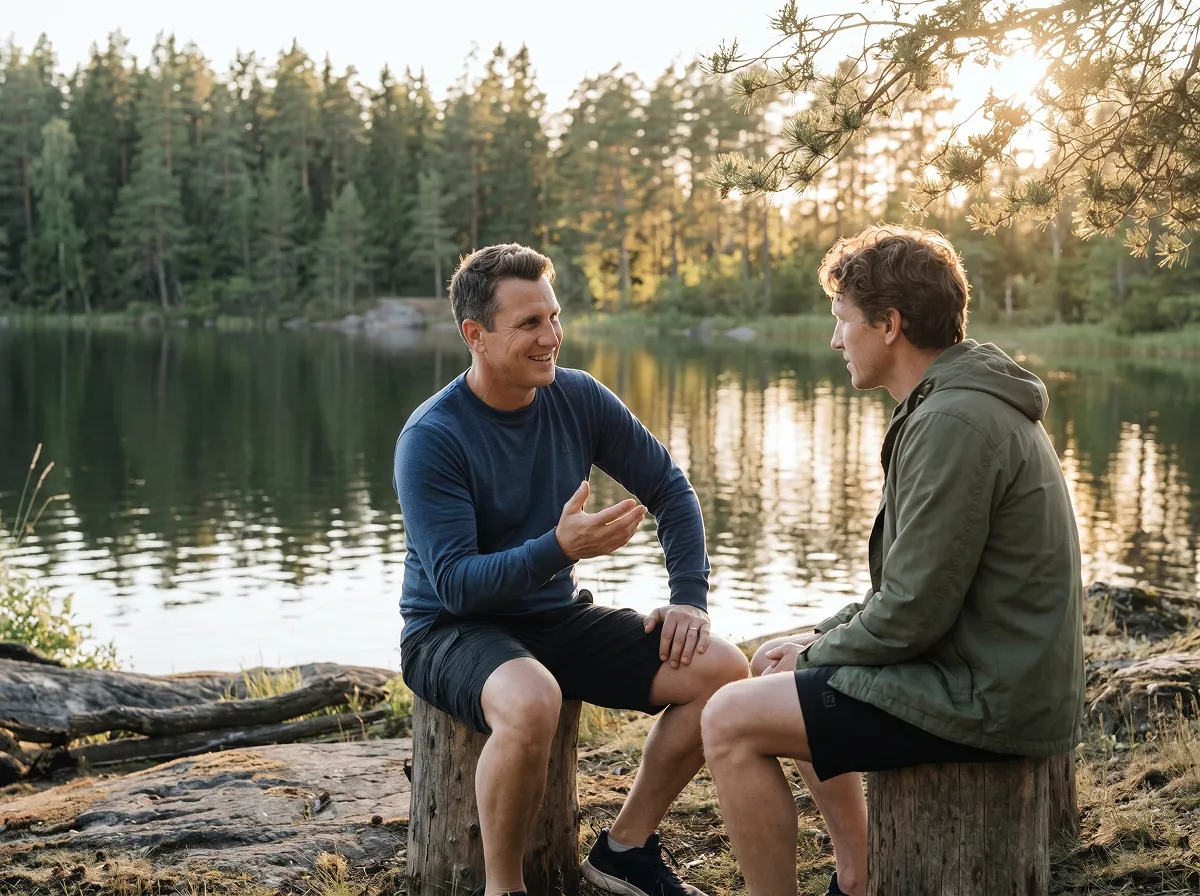 Matt Winkley talking with another man beside a forest lake at sunset.