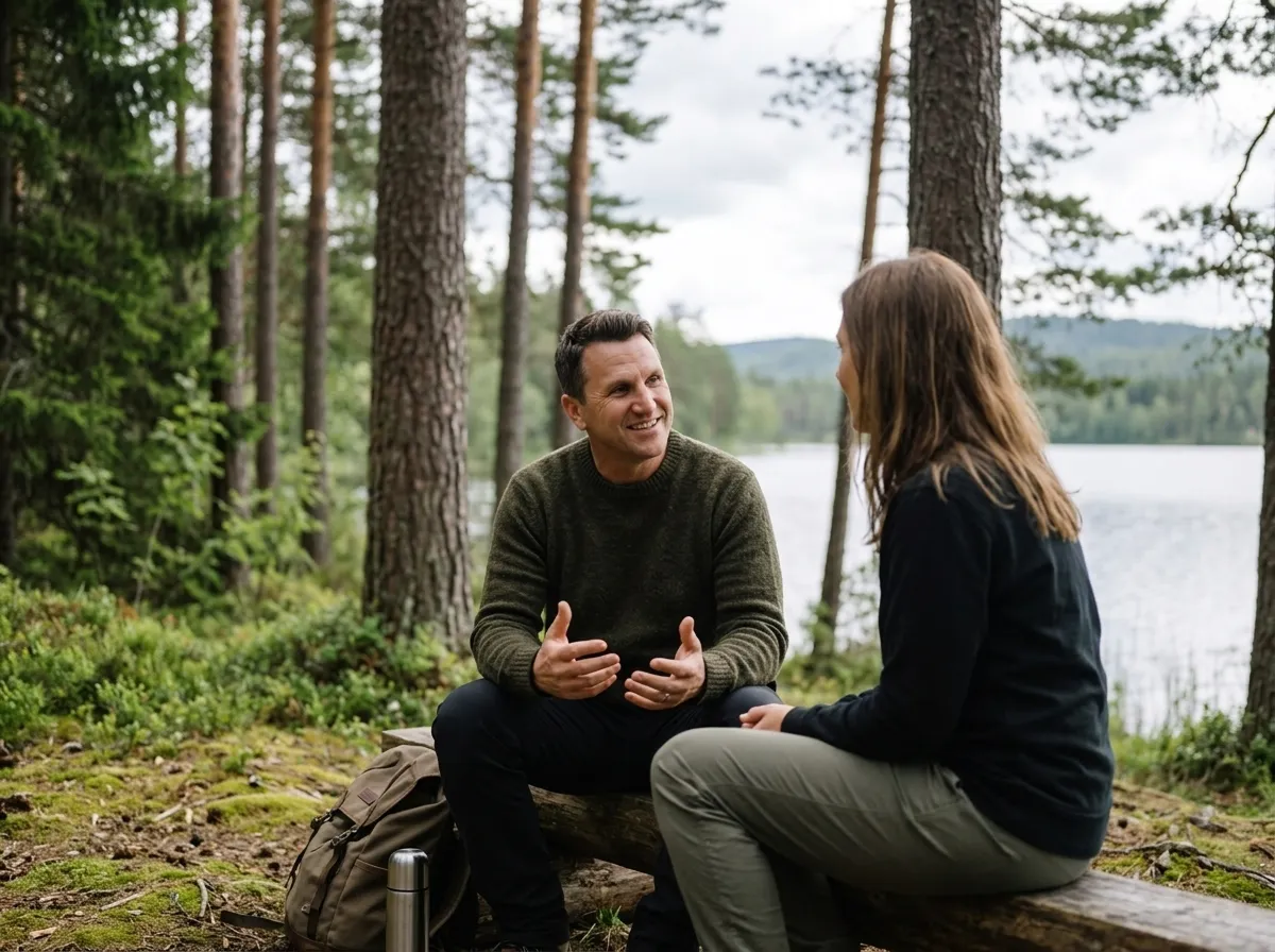 Matt Winkley talking with a woman in a forest beside a lake.