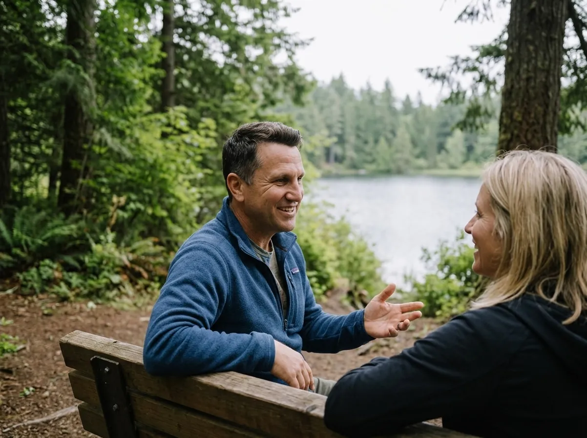 Matt Winkley smiling and talking with a woman on a bench beside a forest lake.