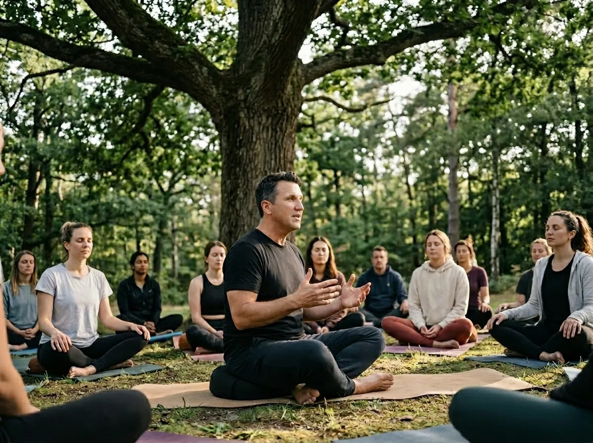 Matt Winkley leading a seated outdoor meditation group in a wooded park.