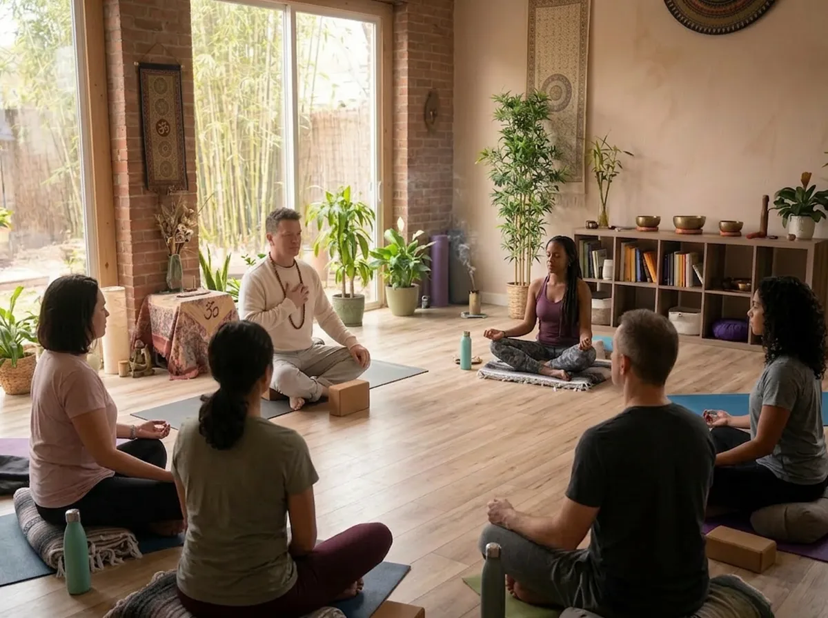 Matt leads a small group of people in a seated meditation circle within a bright, plant-filled studio space.